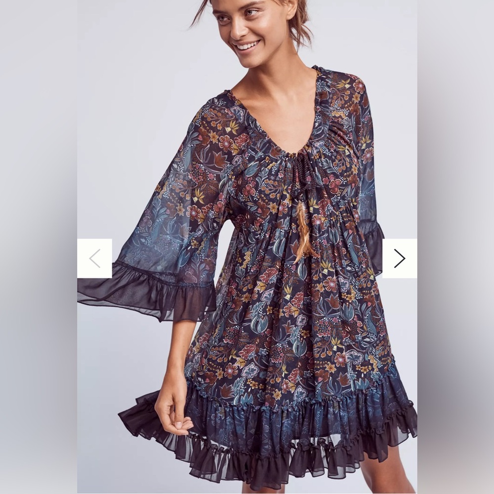 Lupita Silk Dress TRYB ANTHROPOLOGIE Floral Boho Dress w/ Ruffle Hem Size Small